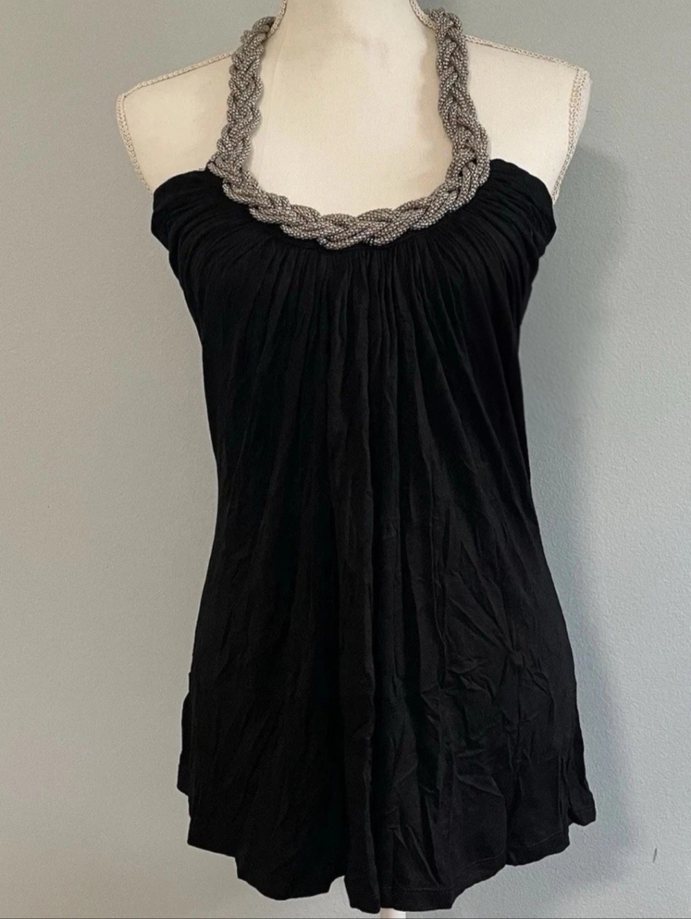 Poetry Black Strapless Camisole with Silver Braided Necklace DetailVtg Y2k 90s